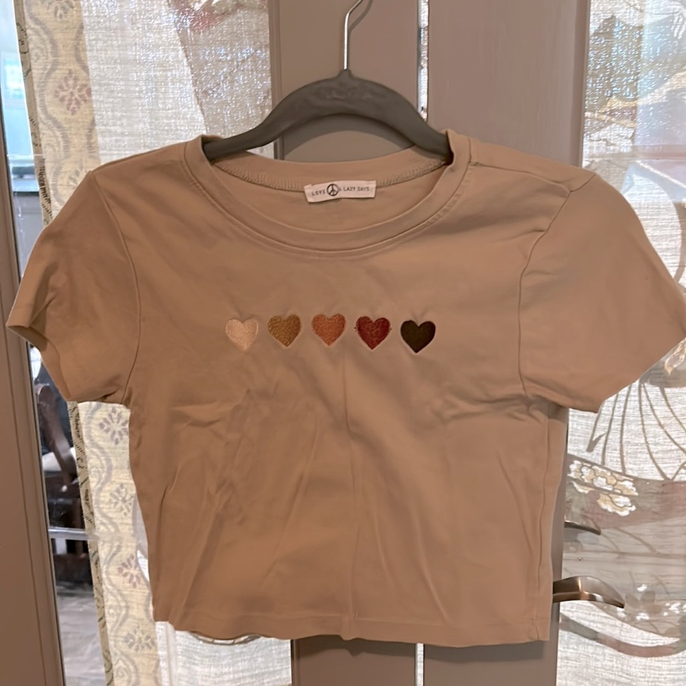 Beige/Tan “Love & Lazy days” cropped baby tee with multi colored hearts